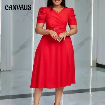 Женское платье больших размеров, летняя мода, темперамент, элегантное платье с v-образным вырезом и плиссировкой по подолу, платья S красный