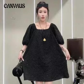 Женское платье больших размеров, летняя мода, тяжелый крой, скрытый узор в клетку, рукав-пузырь, короткий рукав, детское платье L чёрный