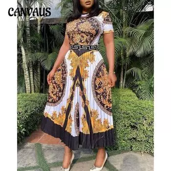 Женское платье больших размеров, модная длинная юбка с высокой талией, темпераментные плиссированные платья с принтом S