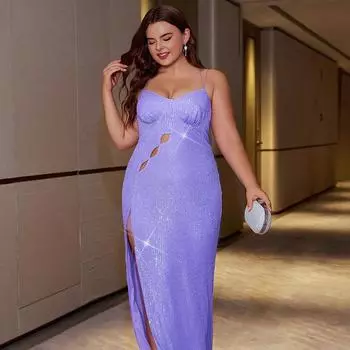 Женское платье больших размеров, модное сексуальное длинное платье на бретельках с пайетками для банкета L фиолетовый