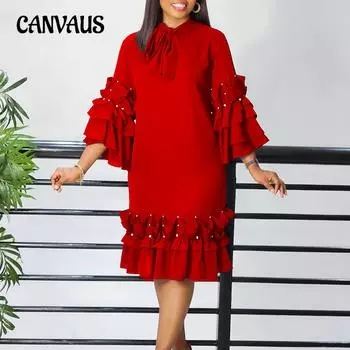 Женское платье больших размеров, модное, элегантное, с завязками, многослойное, с рюшами и расклешенными рукавами, свободные платья