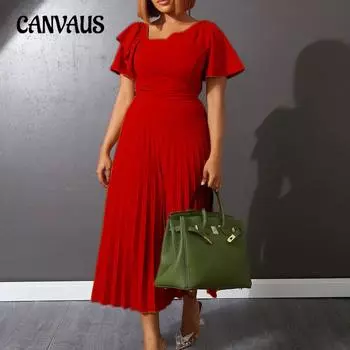 Женское платье больших размеров, модное, темпераментное, однотонное, с расклешенными рукавами, с высокой талией, плиссированные платья под давлением S красный