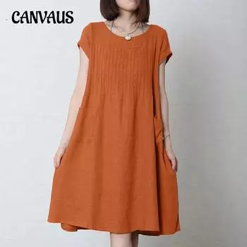 Женское платье больших размеров, модные свободные однотонные хлопковые льняные платья с карманами и круглым вырезом с короткими рукавами
