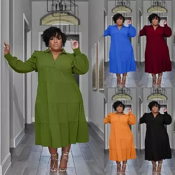 Женское платье больших размеров на весну и осень, модное платье с длинными рукавами, цельное однотонное платье с отложным воротником XL чёрный