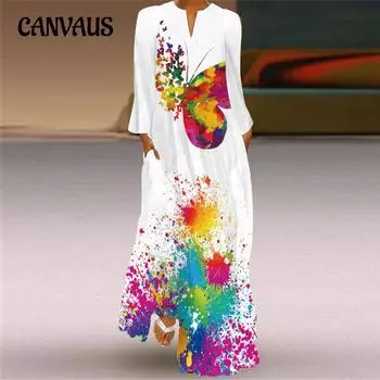 Женское платье больших размеров на весну и осень, винтажное длинное платье с принтом бабочки, платья с v-образным вырезом и длинными рукавами, карманные платья