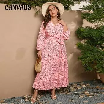 Женское платье больших размеров на весну и осень, богемные платья с v-образным вырезом и завязками, штампованные платья с длинными рукавами, свободные длинные платья для отпуска 1XL