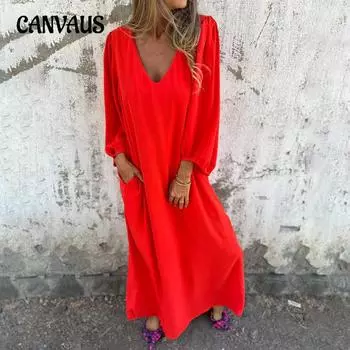 Женское платье больших размеров на весну и осень, повседневное свободное платье с v-образным вырезом, однотонные платья с рукавами-фонариками
