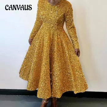 Женское платье больших размеров на весну и осень с круглым вырезом и длинными рукавами, однотонное, с блестками, с высокой талией, темпераментное платье средней длины, платья