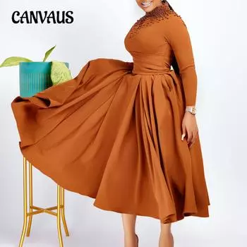 Женское платье больших размеров на весну и осень, модное элегантное платье с высоким воротом, расшитое бисером, большие распашные платья с талией S коричневый
