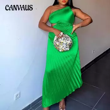 Женское платье больших размеров на одно плечо с наклонным вырезом и плиссировкой, полые платья нерегулярной формы S зелёный