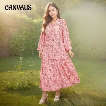 Женское платье больших размеров на весну и осень в стиле бохо с V-образным вырезом и длинными рукавами, свободные длинные платья для отдыха 1XL розовый