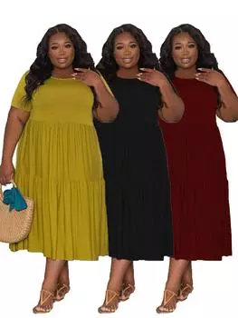 Женское платье больших размеров на весну и осень, повседневное платье с круглым воротником и короткими рукавами, цельное однотонное плиссированное платье XXL чёрный