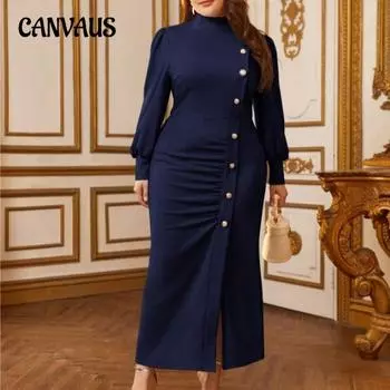 Женское платье больших размеров на осень, однотонное, с плиссировкой, с разрезом, элегантное, с отделкой пуговицами, с высоким воротом и длинными рукавами L темно-синий