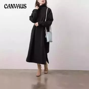 Женское платье больших размеров на осень, повседневное, с длинными рукавами, высоким воротом и разрезом S чёрный