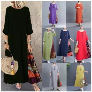 Женское платье больших размеров на весну и осень в этническом стиле в стиле ретро, свободное повседневное длинная юбка контрастного цвета, платье из хлопка и льна с рукавами три четверти 5XL чёрный
