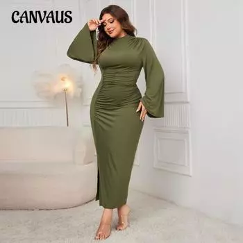 Женское платье больших размеров, новое осеннее, однотонное, с высоким воротом и разрезом 1XL зелёный