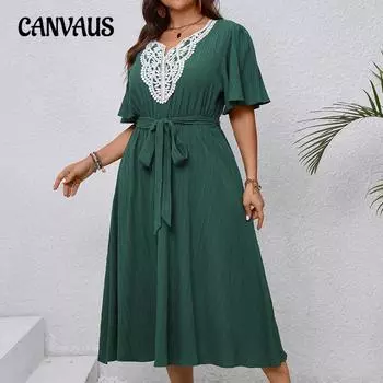 Женское платье больших размеров, новое летнее, элегантное, с рукавами-лотосами и поясом XL зелёный