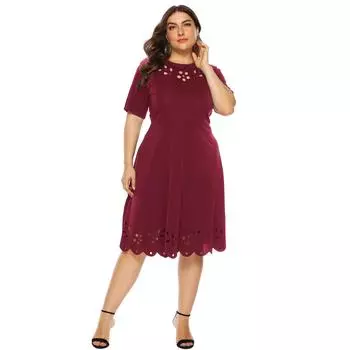 Женское платье больших размеров, одежда больших размеров, с выжженным цветком, с тонкой талией, с короткими рукавами, черное, винно-красное 0XL/L чёрный