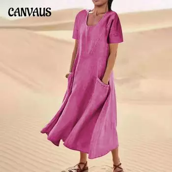 Женское платье больших размеров, однотонное хлопковое льняное платье с круглым вырезом и коротким рукавом, длинные свободные платья-маятник