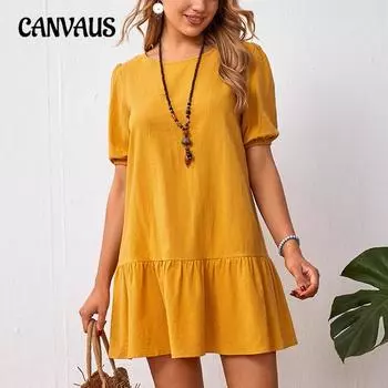 Женское платье больших размеров, однотонное платье со свободной талией из хлопка и льна с круглым вырезом S серый