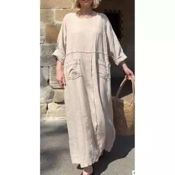 Женское платье больших размеров, однотонное, с длинным рукавом, круглым вырезом, повседневное, с плиссировкой, двойными боковыми карманами, свободное длинное платье 4XL