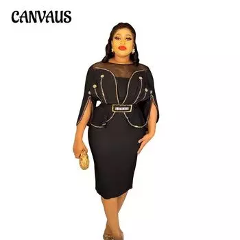 Женское платье больших размеров OL, платье с баской и высокой талией, с поясом L чёрный