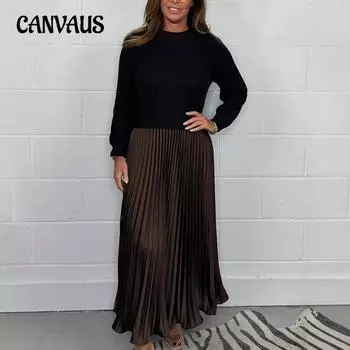 Женское платье больших размеров, осеннее, однотонное, трикотажное, с длинными рукавами, в стиле пэчворк, плиссированное S красный