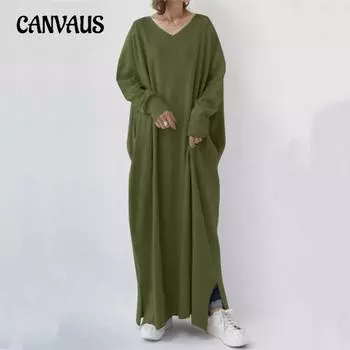 Женское платье больших размеров, осеннее, простое, свободное, повседневное, с длинными рукавами, V-образным вырезом, большим разрезом S светло-серый