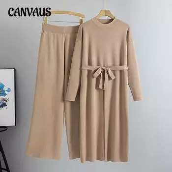 Женское платье больших размеров, осеннее, новое модное, свободное, с разрезом, трикотажное платье, широкие брюки, костюм из двух частей One Size хаки