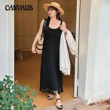 Женское платье больших размеров, платье с лямкой на шее, весенние и осенние трикотажные платья с кисточками XL чёрный