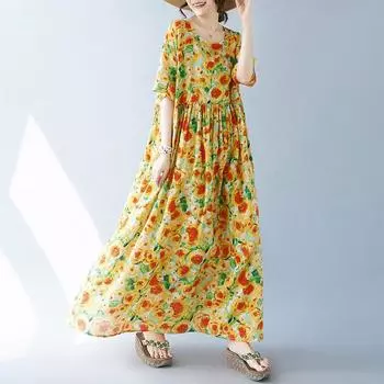 Женское платье больших размеров, простое модное богемное длинное платье, летние платья с коротким рукавом и круглым вырезом с принтом One Size жёлтый
