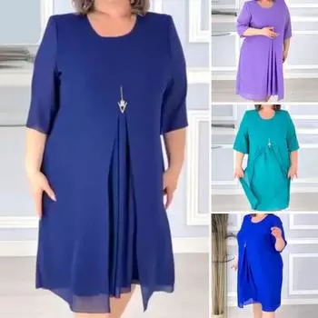 Женское платье больших размеров с высокой талией и половиной рукавов, двухслойное плиссированное однотонное свободное платье трапециевидной формы с круглым вырезом, вечернее платье для выпускного вечера, платье миди 2XL темно-синий