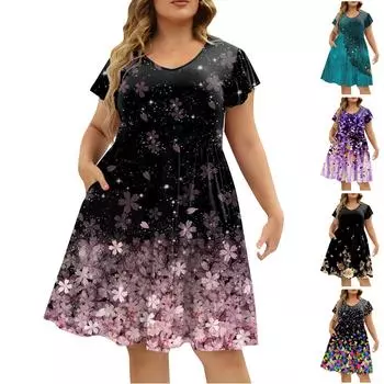 Женское платье больших размеров с v-образным вырезом и модным принтом, свободное удобное платье с большим подолом XXL чёрный