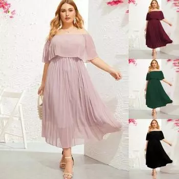 Женское платье больших размеров с открытыми плечами, многослойное вечернее повседневное платье макси с рюшами