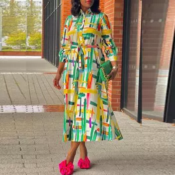 Женское платье больших размеров с воротником-стойкой и длинным рукавом с завязками и принтом M