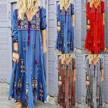 Женское платье больших размеров с V-образным вырезом и длинным рукавом в стиле бохо, вечернее платье макси