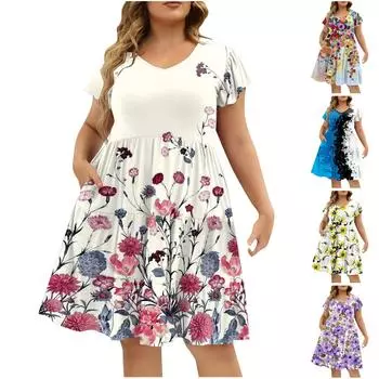 Женское платье больших размеров с v-образным вырезом и модным принтом, свободное удобное платье с большим подолом XXL синий