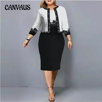 Женское платье больших размеров с рукавом три четверти, комплект из двух частей с цифровой печатью, юбка на бедрах