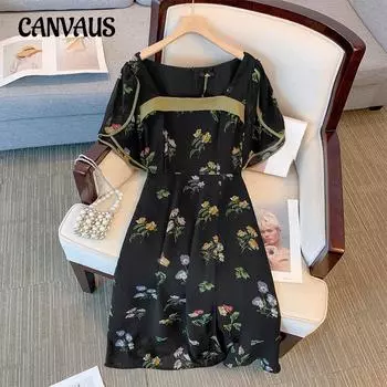Женское платье больших размеров с коротким рукавом и цветочным принтом, летние винтажные пляжные платья XL чёрный