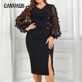 Женское платье больших размеров с v-образным вырезом и объемными рукавами, с длинными рукавами, свободные платья с разрезом по темпераменту 1XL чёрный