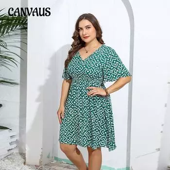 Женское платье больших размеров с геометрическим принтом, повседневные свободные платья миди с v-образным вырезом 1XL зелёный