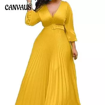 Женское платье больших размеров с высокой талией, тонкие однотонные темпераментные шифоновые платья в стиле ретро с длинным рукавом, длинные платья S жёлтый