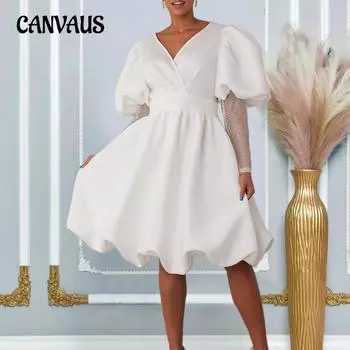 Женское платье больших размеров с v-образным вырезом, объемными рукавами, банкетными платьями, платья подружки невесты S белый