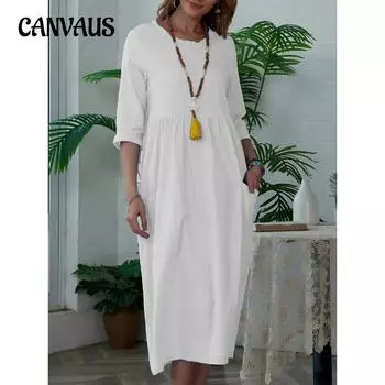 Женское платье больших размеров с однотонным рукавом и круглым вырезом S белый