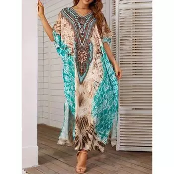 Женское платье больших размеров с принтом «летучая мышь» и V-образным вырезом, слегка эластичное - повседневное и стильное прикрытие One Size