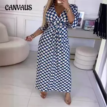 Женское платье больших размеров с v-образным вырезом, повседневные модные платья с длинными рукавами, платья с принтом в горошек S синий