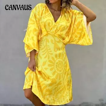 Женское платье больших размеров с v-образным вырезом и расклешенными рукавами, модные платья с принтом S чёрный