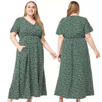 Женское платье больших размеров с V-образным вырезом и принтом, с короткими рукавами, разрезами и карманами XL зелёный