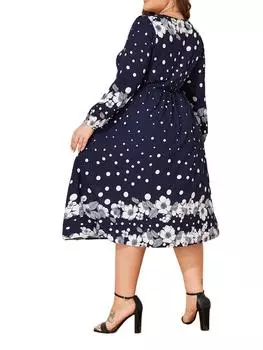 Женское платье больших размеров с длинным рукавом и цветочным принтом, женское повседневное вечернее платье, распашной сарафан 1XL-6XL 1XL темно-синий