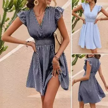 Женское платье больших размеров с летящими рукавами, v-образным вырезом, полосатым принтом, эластичной резинкой с высокой талией, трапециевидной формы с большим подолом и рюшами для свиданий M синий